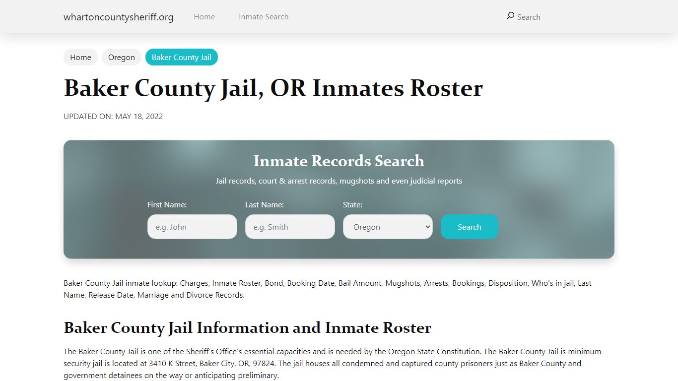 Baker County Jail, OR Jail Roster, Name Search